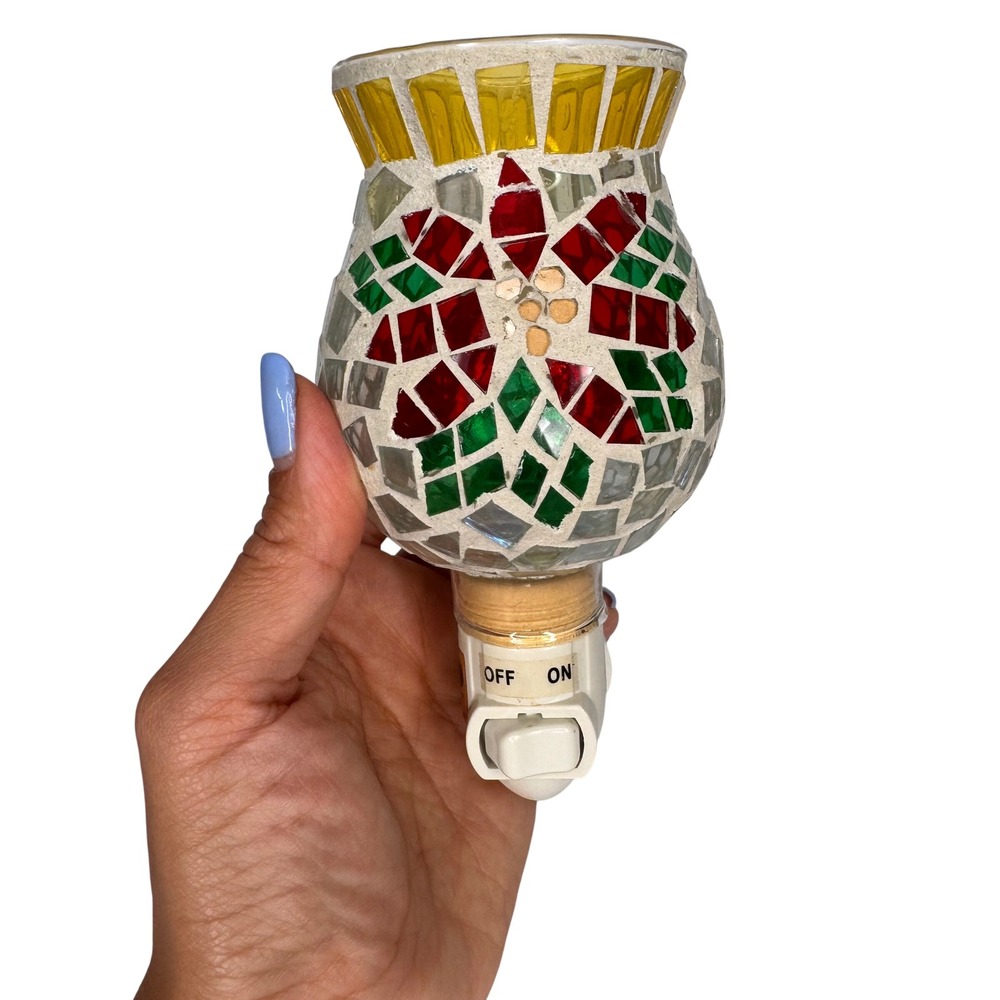Mosaic Glass Poinsettia Night Light Red Floral Holiday Christmas Plug-In Lamp - Picture 1 of 12